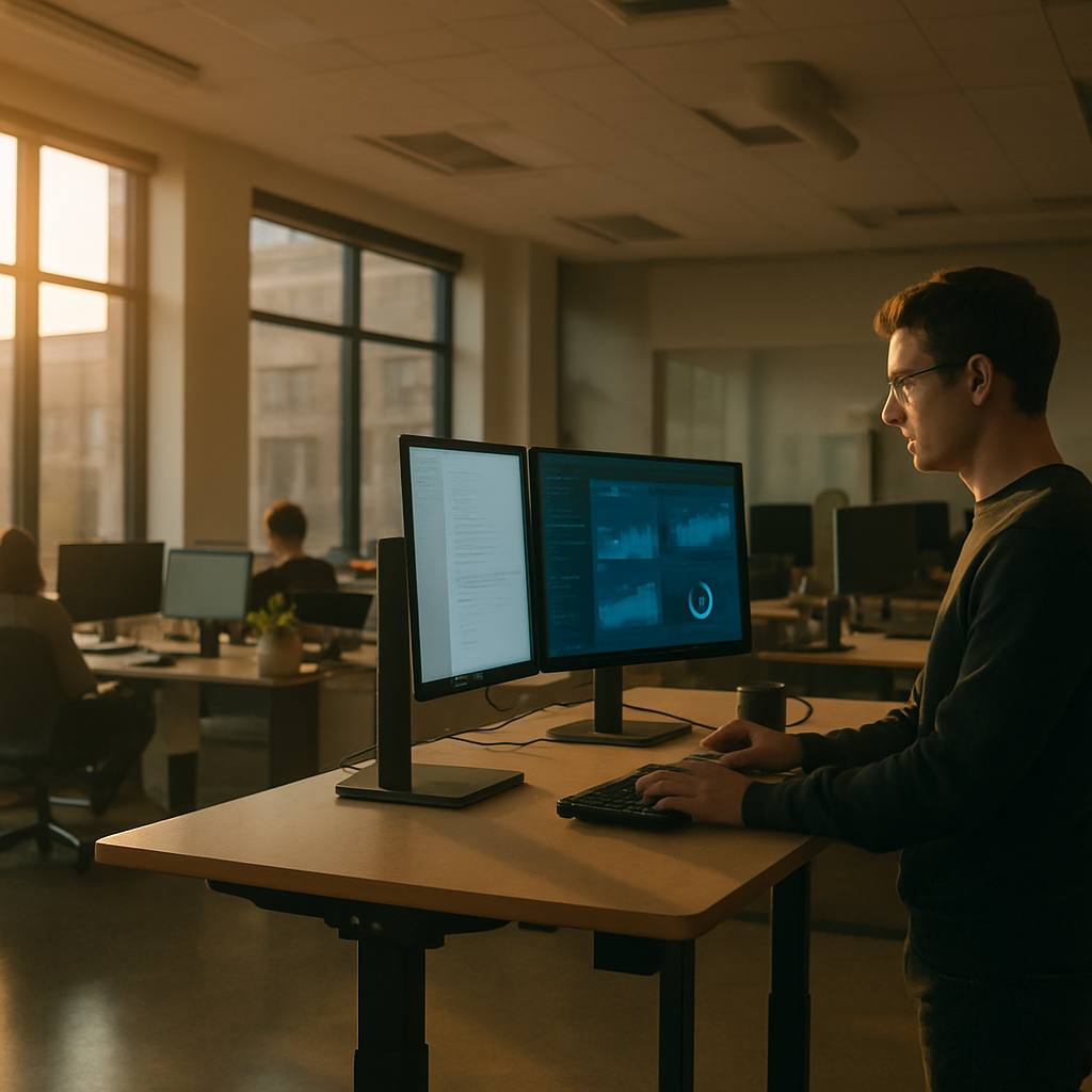 Worker in a modern British open-plan office, representing ambient AI workplace surveillance concerns