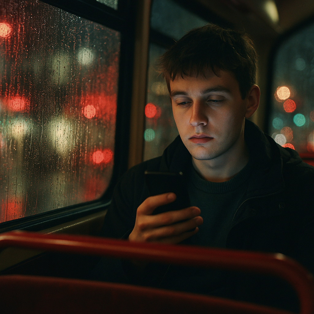 Young person consuming brain rot content on their phone on a London bus
