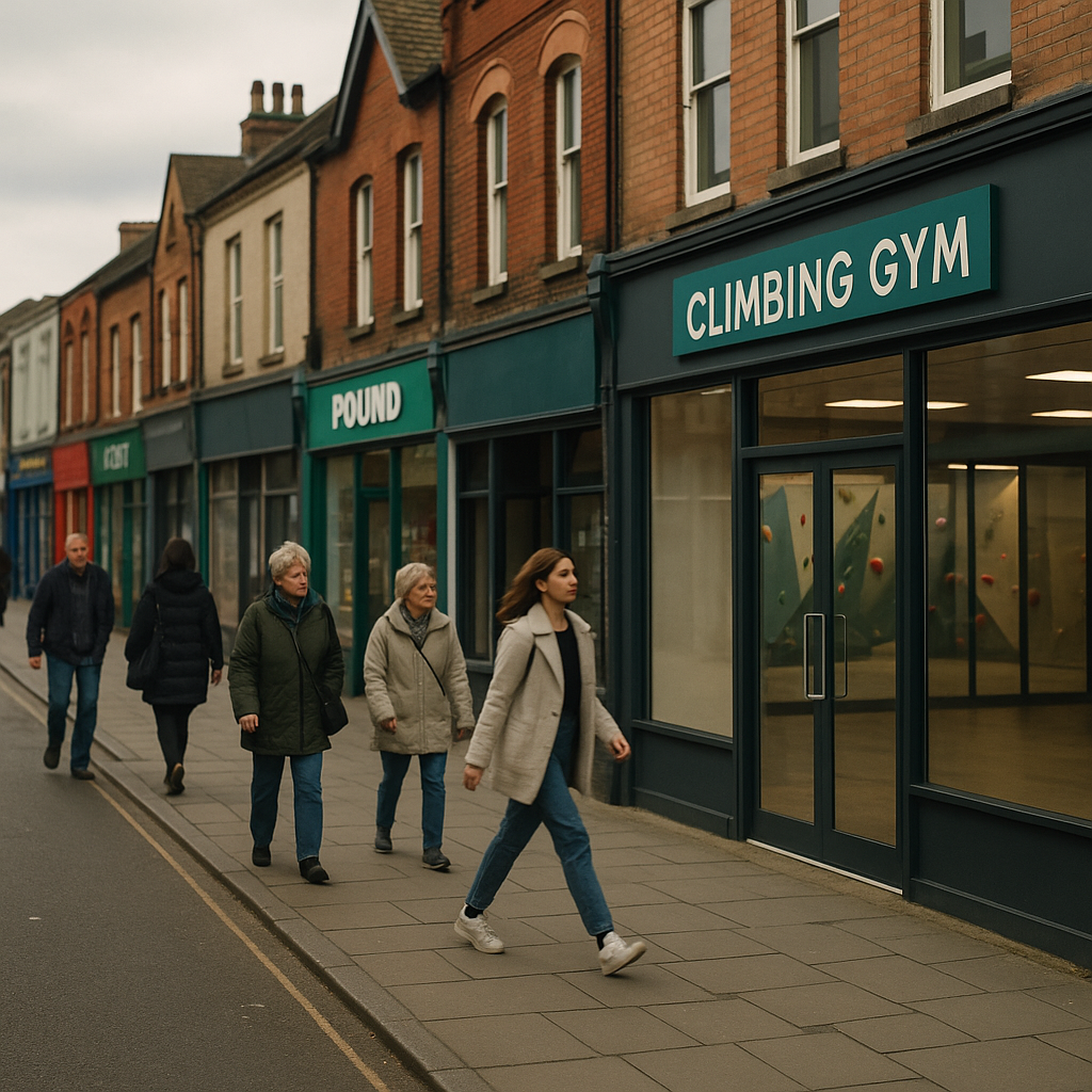 UK high street empty shops 2026 being converted into a climbing gym in a British town centre